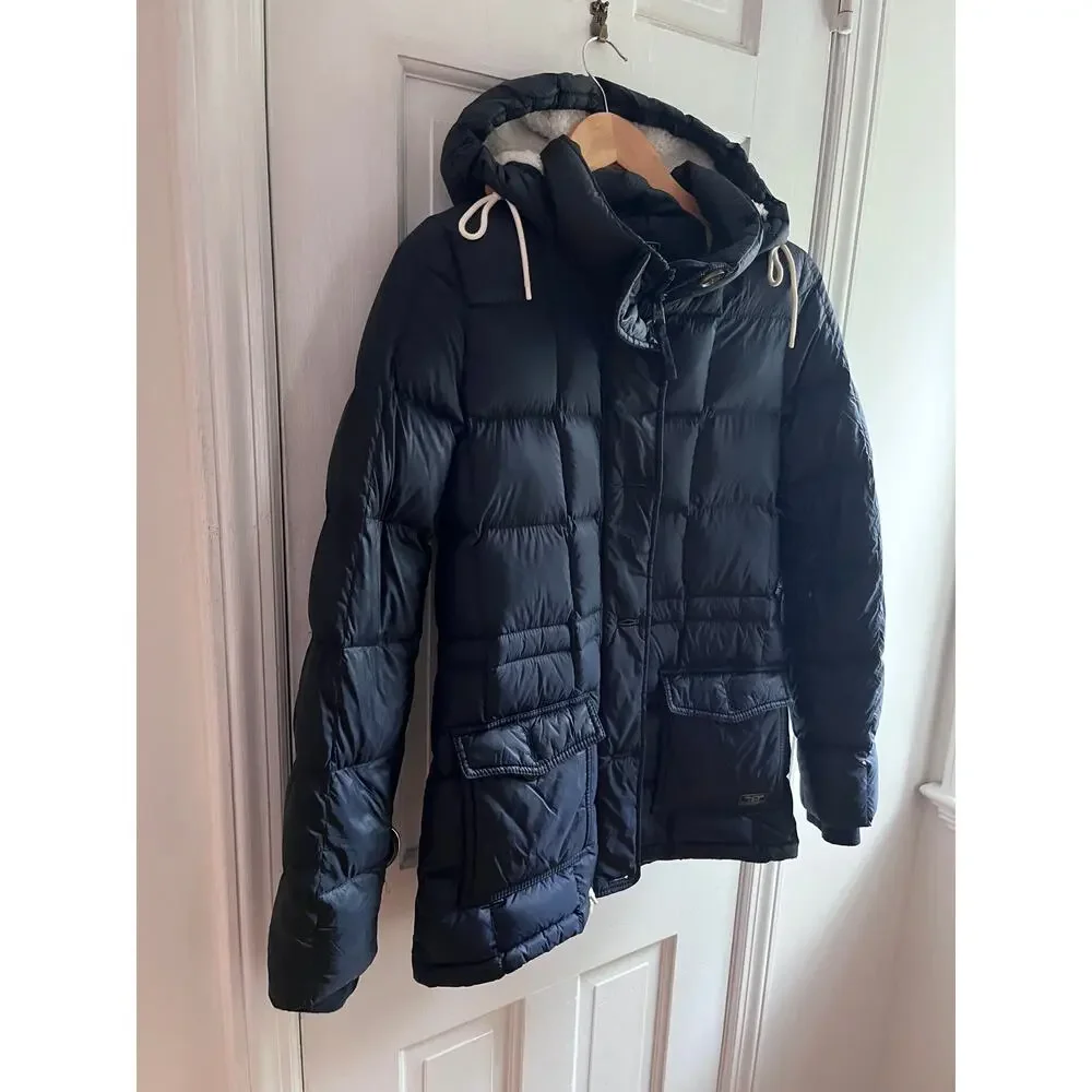 Abercrombie Sherpa Hood Down Puffer Coat Navy Blue Parka Jacket Small S 18x29